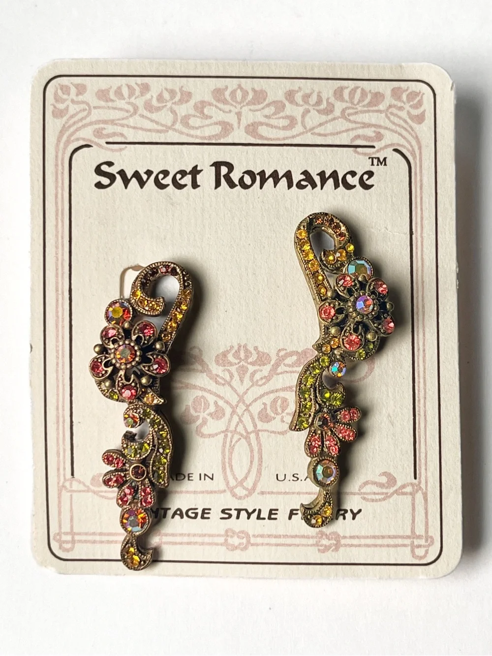 Sweet Romance Floral Cluster Rhinestone Long Earrings Vintage 90’s